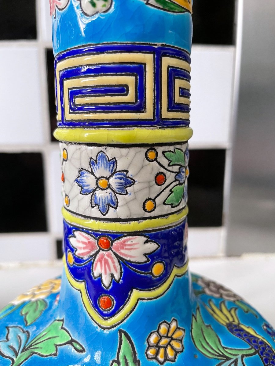 Emaux De Gien - Belle Paire De Vases Decor Dragon Chinoisant Japonisant -photo-2